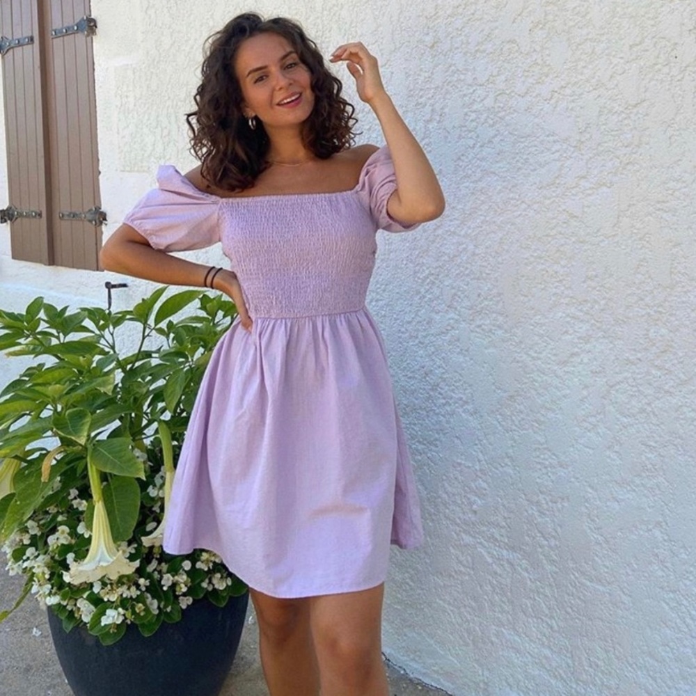 H&M Puff-Sleeved Dress Smocked Mini Purple M NEW